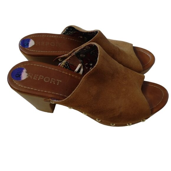 Report Women's Size 8.5 Faux Suede Dark  Tan Slip On Open Toe Block Heel Clogs - Picture 6 of 7